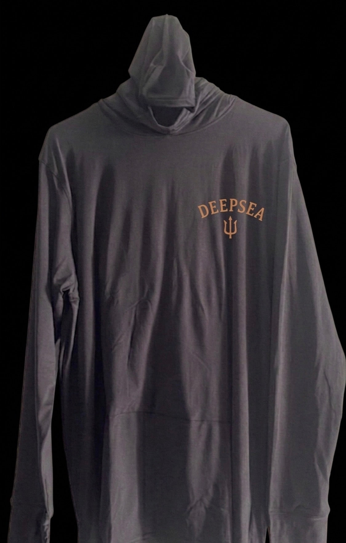 Lightweight DeepSea performance fishing hoodie featuring a built-in face mask, hood, breathable Lycra material, and relaxed fit built for all-day comfort on and off the water.